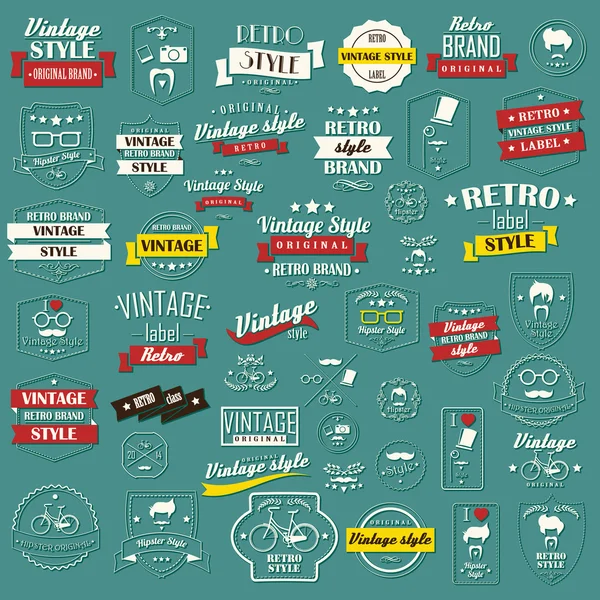 Collection of vintage retro labels, badges, stamps, ribbons, marks and typographic design elements, vector illustration — Stock vektor