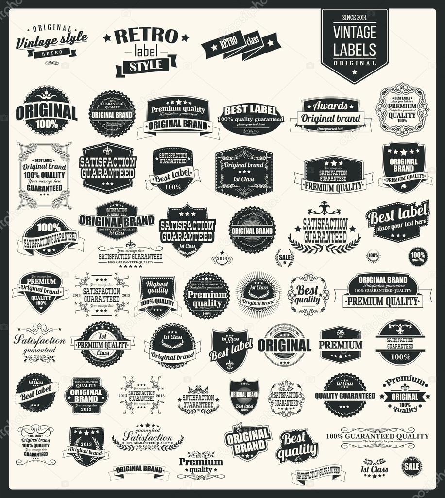 Collection of vintage retro labels, badges, stamps, ribbons, marks and typographic design elements, vector illustration