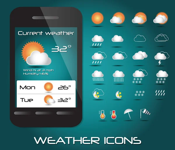 Colección de iconos meteorológicos móviles, vector — Archivo Imágenes Vectoriales