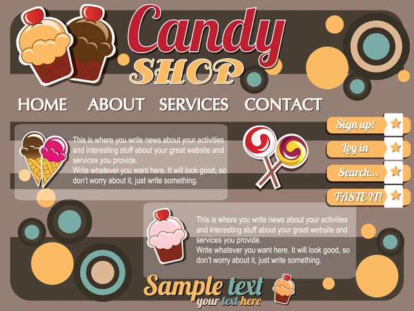 Website template elements, vintage style, candy shop — Stock Vector