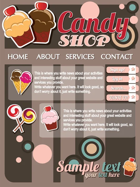 Website template elements, vintage style, candy shop — Stock Vector