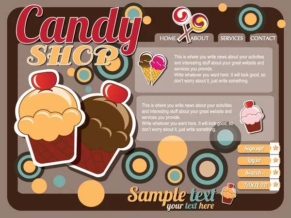 Website template elements, vintage style, candy shop — Stock Vector