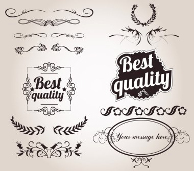 koleksiyonu retro vintage etiketleri, rozetler, pullar, kurdeleler, işaretleri ve tipografik tasarım öğeleri, vektör çizim