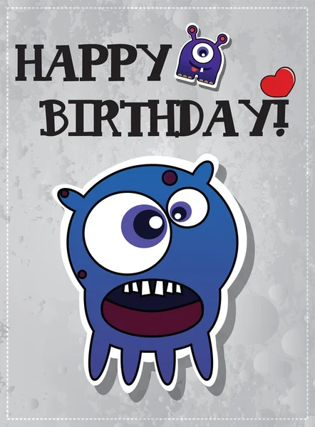 Happy birthday card with cute cartoon monster, cupcake and heart, vector — Stock Vector