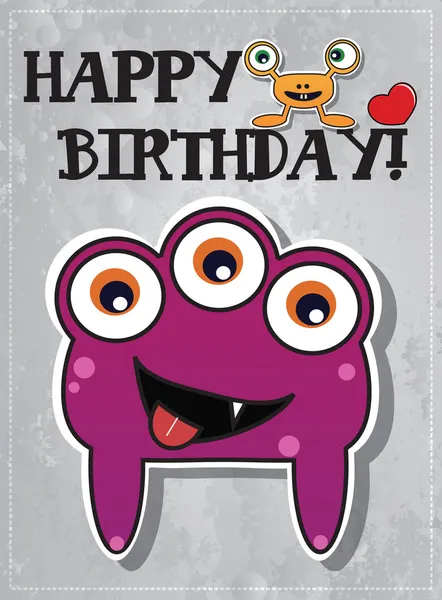 Happy birthday card with cute cartoon monster, cupcake and heart, vector — Stock Vector