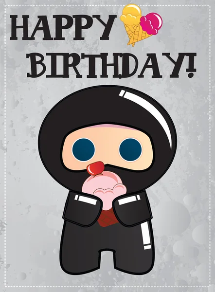 Tarjeta de cumpleaños feliz con lindo personaje ninja de dibujos animados, vector — Vector de stock