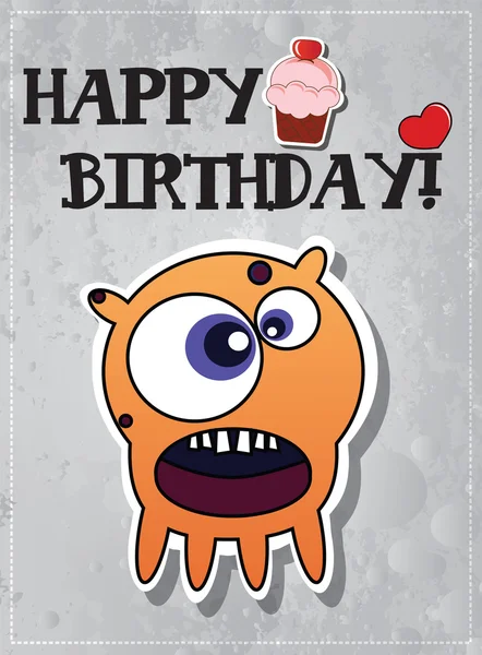 Feliz cumpleaños tarjeta con lindo monstruo de dibujos animados, cupcake y corazón, vector — Vector de stock