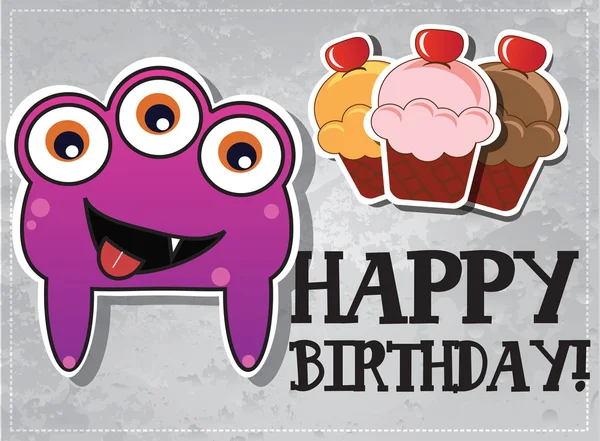 Feliz cumpleaños tarjeta con lindo monstruo de dibujos animados, cupcake y corazón, vector — Vector de stock