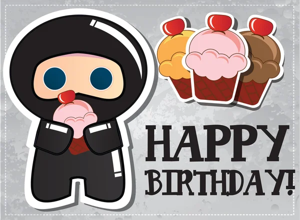 Tarjeta de cumpleaños feliz con lindo personaje ninja de dibujos animados, vector — Archivo Imágenes Vectoriales