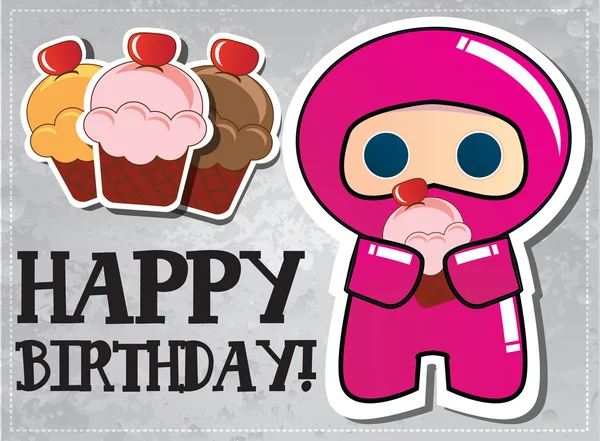 Tarjeta de cumpleaños feliz con lindo personaje ninja de dibujos animados, vector — Vector de stock