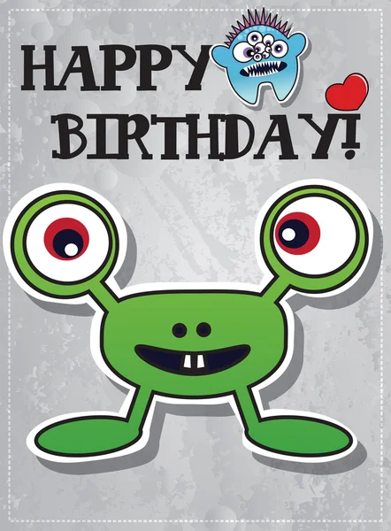 Happy birthday card with cute cartoon monster, cupcake and heart, vector — Stock Vector