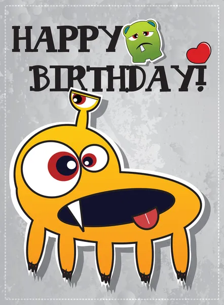 Happy birthday card with cute cartoon monster, cupcake and heart, vector — Stock Vector