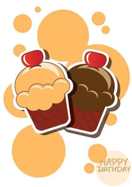 Feliz cumpleaños con dulces, helados, cupcakes, burbujas, vector — Vector de stock