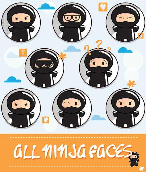 Sammlung von Cartoon-Ninjas mit unterschiedlichen Gesichtern — Stockvektor