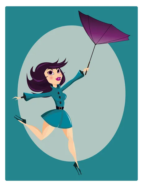 Schönes Pin-up-Mädchen mit umgeklapptem Regenschirm, Vektor — Stockvektor
