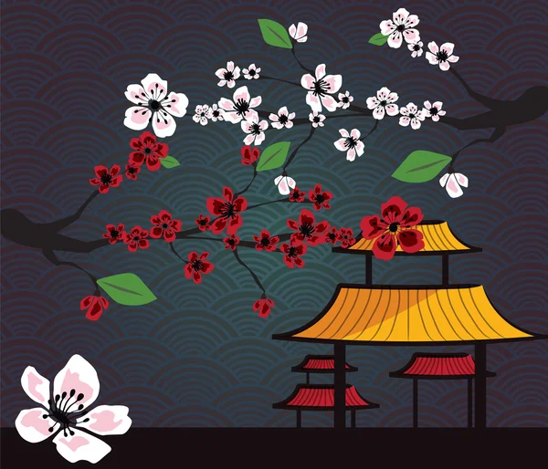 Paisaje tradicional japonés con flor de cerezo, vector — Archivo Imágenes Vectoriales