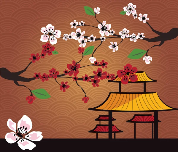 Paisaje tradicional japonés con flor de cerezo, vector — Vector de stock