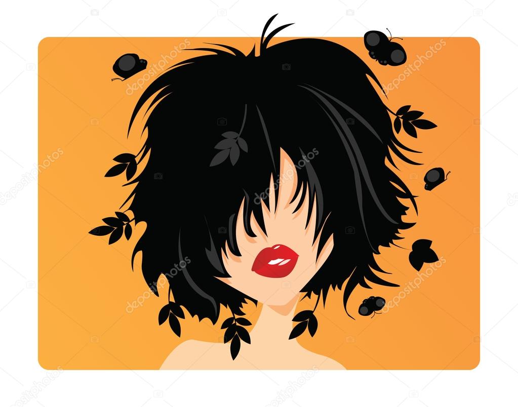 Young woman with black hair, leaves and butterflies coming out of her hair, on orange background