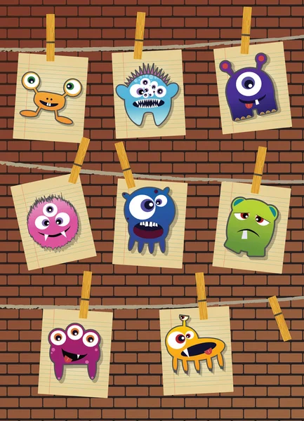 Monsters on brick wall — Stock Vector