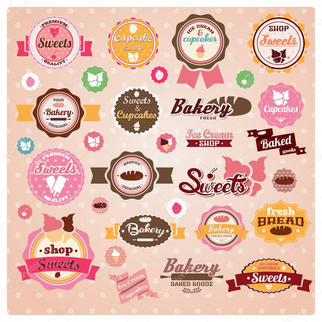 Collection of vintage retro ice cream and bakery labels, stickers, badges and ribbons, vector illustration