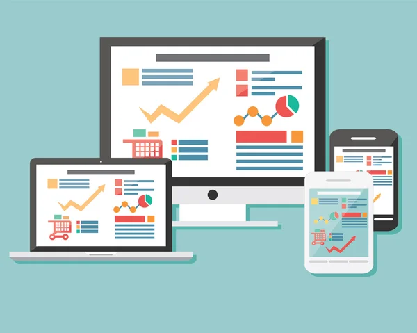 düz simgeler mobil cep telefonu, dizüstü bilgisayar, bilgisayar, elektronik cihaz, yanıt veren web tasarım, Infographic elemanları, vektör çizim koleksiyonu