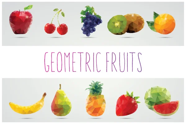 Colección de frutas geométricas poligonales, manzana, piña, sandía, plátano, fresa, pera, uvas, cerezas, kiwi, naranja, vector de ilustración — Archivo Imágenes Vectoriales