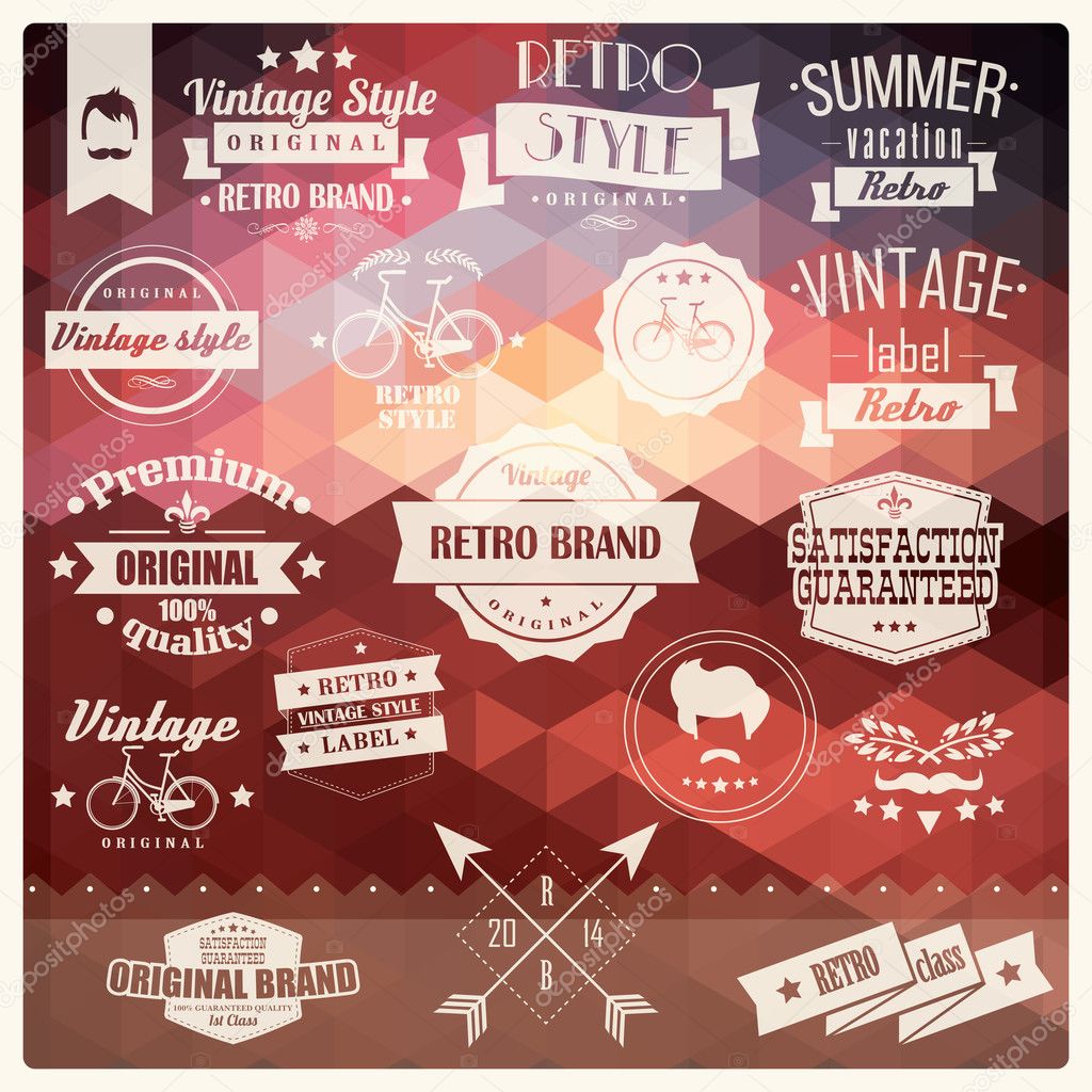 Collection of vintage retro hipster badges, labels and ribbons, pattern design background, vector illustration