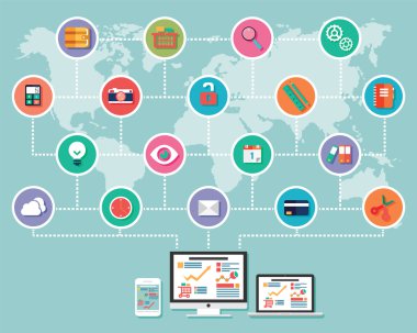 düz tasarım, Infographic kavramı, elektronik bağlı ve mobil cihazlar, bulut bilgi işlem, iletişim, vektör çizim