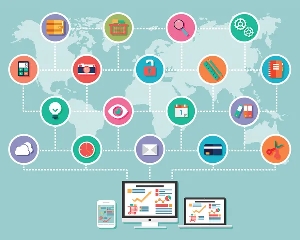 düz tasarım, Infographic kavramı, elektronik bağlı ve mobil cihazlar, bulut bilgi işlem, iletişim, vektör çizim