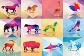 kolekce geometrické mnohoúhelník zvířata, koně, lev, motýl, orel, buvol, žralok, vlk, žirafa, slon, jelen, leopard, radikál designu, vektorové ilustrace