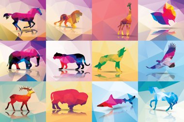geometrik çokgen hayvan, at, aslan, kelebek, Kartal, buffalo, köpekbalığı, kurt, zürafa, fil, geyik, leopar, toplama tasarım pıtırtı, illüstrasyon vektör