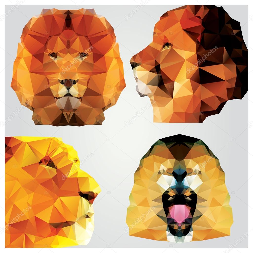 Collection of 4 geometric polygon lions, pattern design, vector illustration