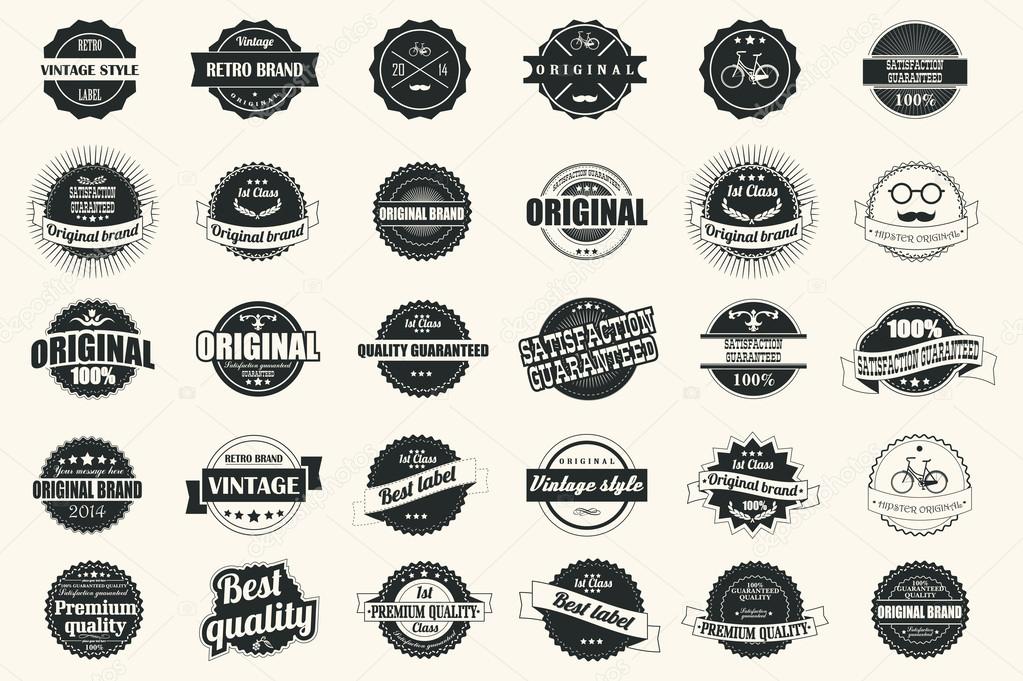 Collection of vintage retro labels, badges, stamps, ribbons, marks and typographic design elements, vector illustration