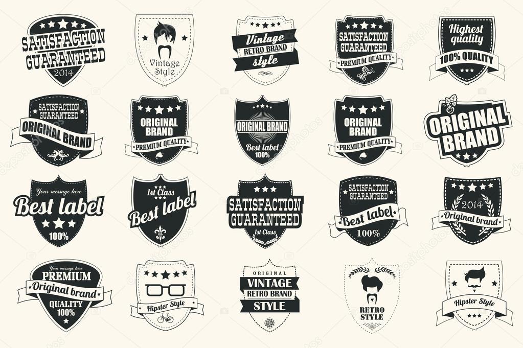 Collection of vintage retro labels, badges, stamps, ribbons, marks and typographic design elements, vector illustration