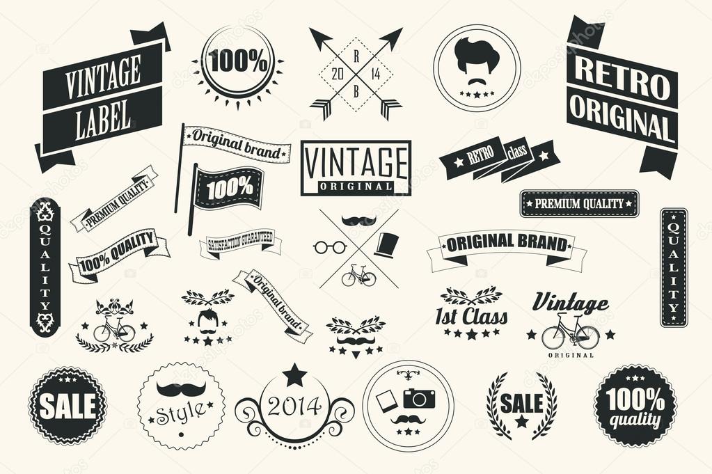 Collection of vintage retro labels, badges, stamps, ribbons, marks and typographic design elements, vector illustration