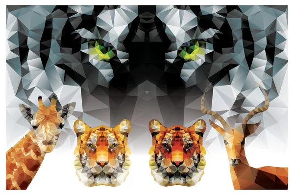 ジオメトリック多角形動物、トラ、キリン、レイヨウ、三角形パターン設計、ベクトル イラスト集 — ストックベクタ
