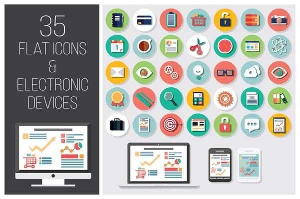 35 ícones de teia plana e 4 dispositivos eletrônicos, ilustração vetorial —  Vetores de Stock