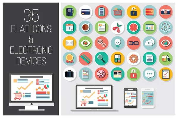 35 iconos web planos y 4 dispositivos electrónicos, ilustración vectorial Ilustración de stock