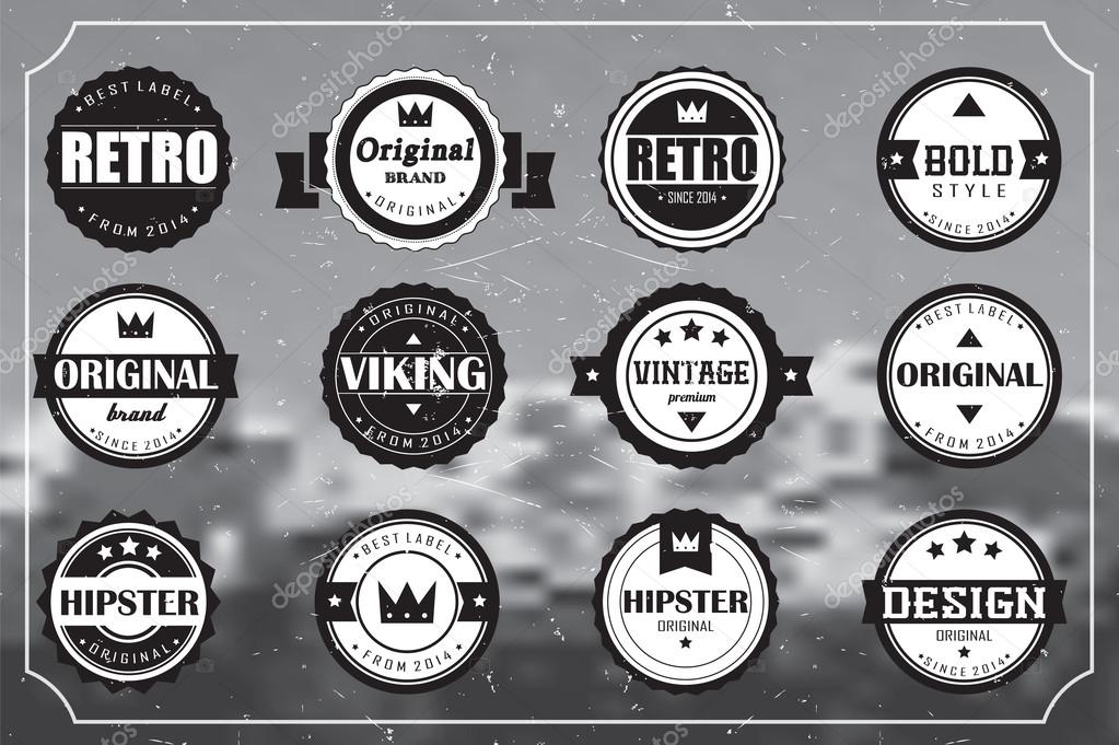 Collection of vintage retro labels, badges, stamps, ribbons, marks and typographic design elements, vector illustration