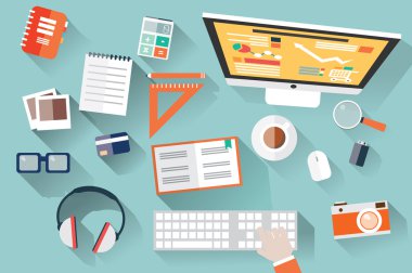 düz tasarım nesneleri, workdesk, uzun gölge, Ofis Masası, bilgisayar ve Kırtasiye