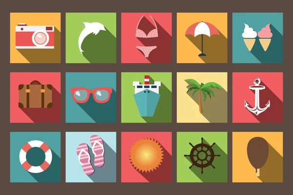 Letní dovolená ploché ikony s dlouhý stín, konstrukční prvky, vektorové ilustrace — Stockový vektor