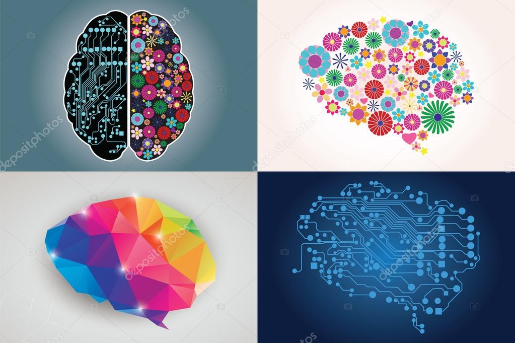 Collections of four different human brains, left and right side, creativity and logic, illustration