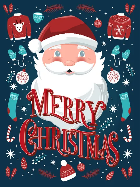 圣诞快乐手书的标志手绘圣诞老人和节日图标在深蓝色背景与明星 五彩缤纷的节日矢量图解 — 图库矢量图片