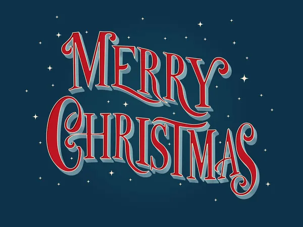 Merry Christmas Hand Belettering Teken Donkerblauwe Achtergrond Met Sterren Kleurrijke — Stockvector