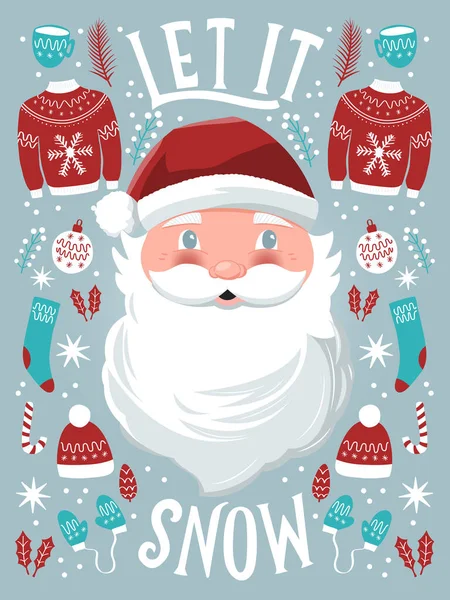 Niech Śnieg Ręcznie Literowanie Znak Ręcznie Rysowane Santa Claus Ikony — Wektor stockowy