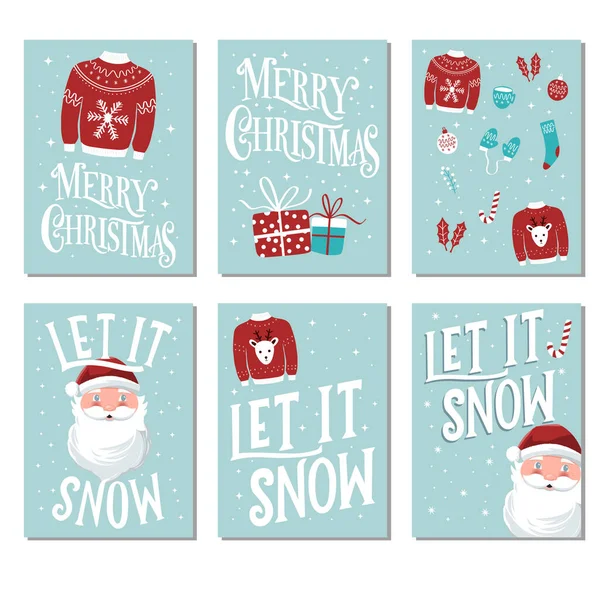 Sammlung Von Kartenvorlagen Für Weihnachten Und Neujahr Mit Weihnachtsmann Und — Stockvektor