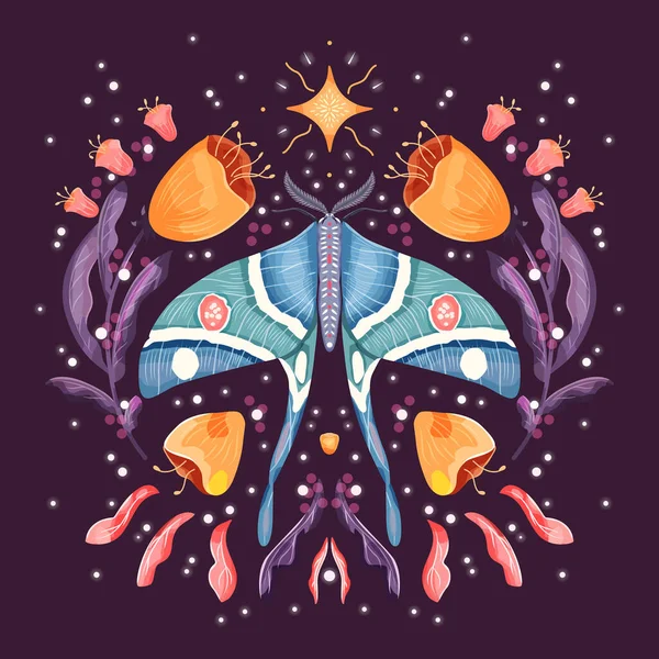 Moth Bloemen Motieven Patroon Ontwerp Symmetrie Kleurrijke Vlakke Vector Illustratie — Stockvector