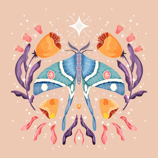Moth Floral Motifs Pattern Design Symmetry Colorful Flat Vector Illustration — Stock Vector