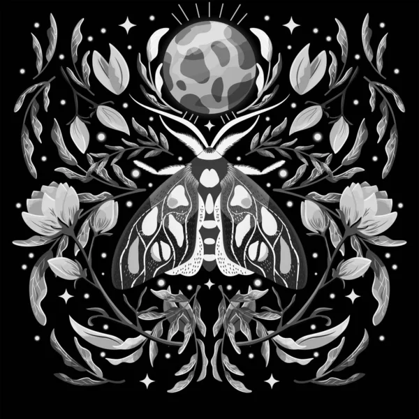 Moth Bloemen Motieven Patroon Ontwerp Symmetrie Monochroom Zwart Wit Platte — Stockvector