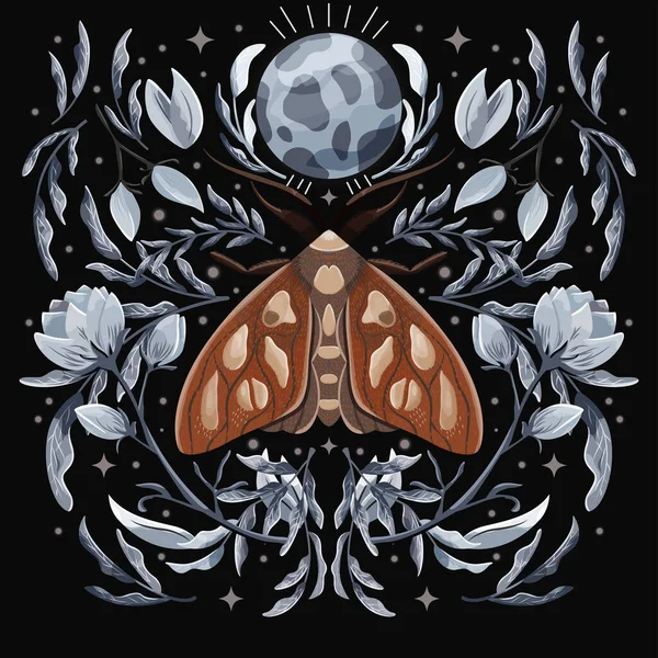 Moth Květinové Motivy Vzor Symetrii Barevná Plochá Vektorová Ilustrace Můrou — Stockový vektor